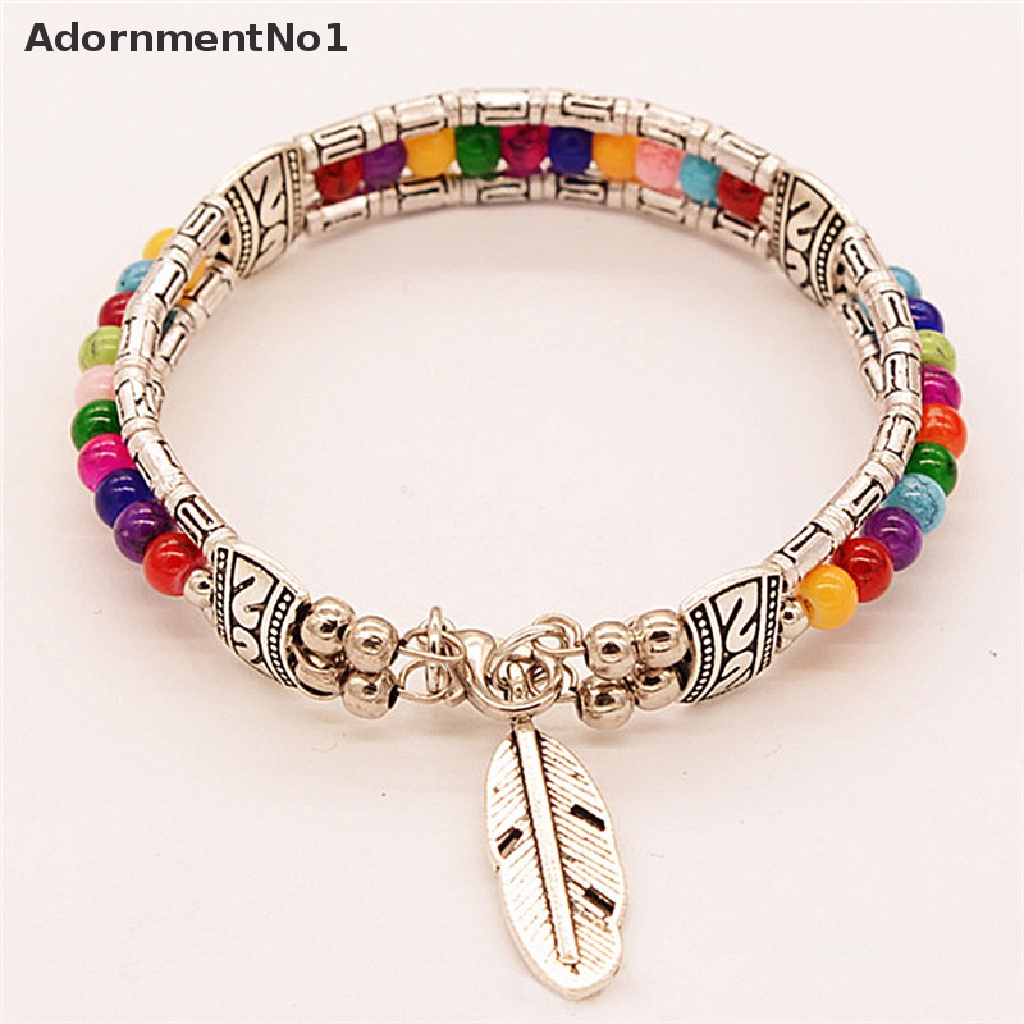 (AdornmentNo1) Gelang Tangan Silver Gaya Tibet Vintage Bohemia Motif Bulu + Batu Turquoise Untuk Wanita