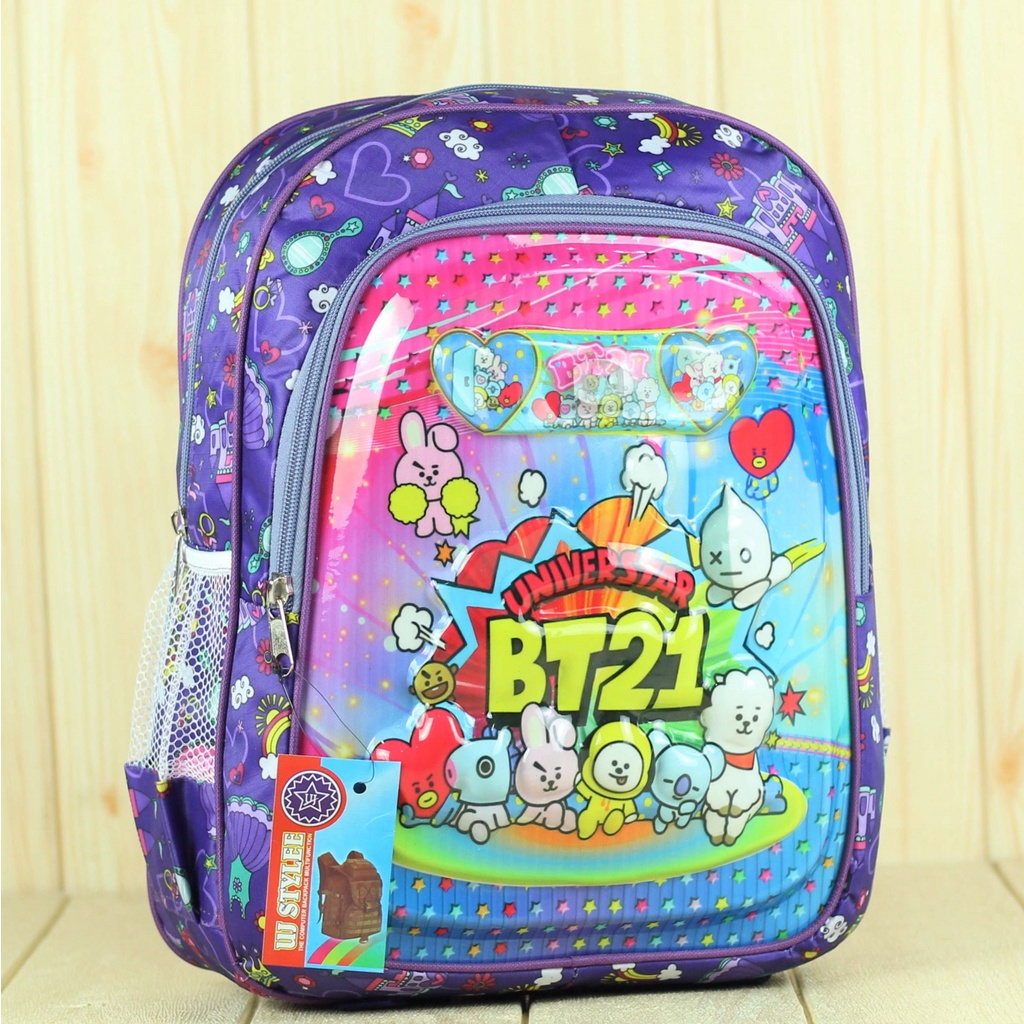 Tas Sekolah Anak Perempuan TK Lampu BT-21 Ungu Paud  Gambar Kartun Karakter Terbaru Lucu Premium SD SMP Mini Murah BT21 Motif Karakter Berkualitas