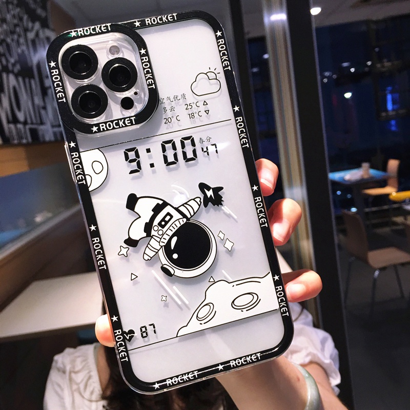 Case Bumper Belakang Transparan Motif Kartun Astronot Untuk iPhone 11 12 13 Pro Max XS X XR 7 8 Plus SE 2020