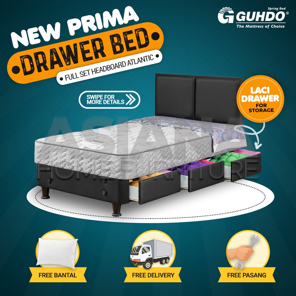 Guhdo Spring Bed 3 Laci New Prima Drawer Bed FULL SET Sandaran Atlantic 90x200 / 100x200 / 120x200 /