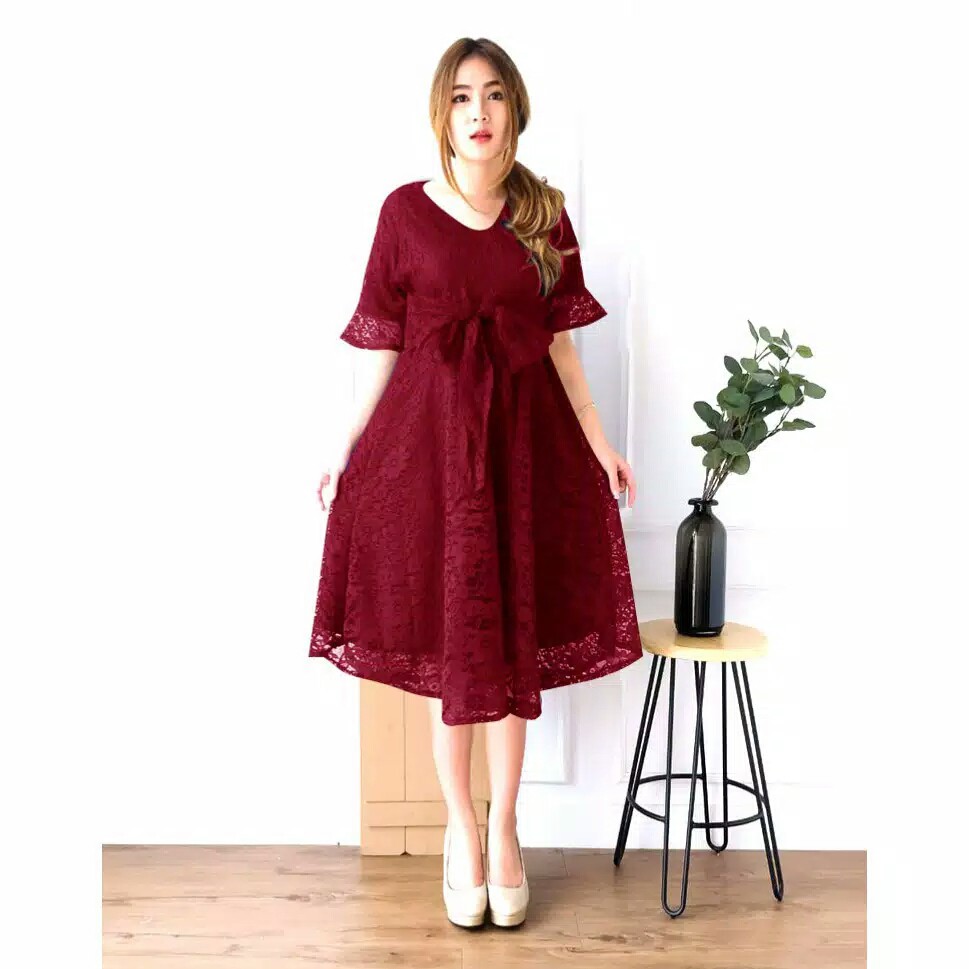 Yessi Dress Brukat Pesta/ Dress Natal Brukat Remaja Dewasa Wanita Premium