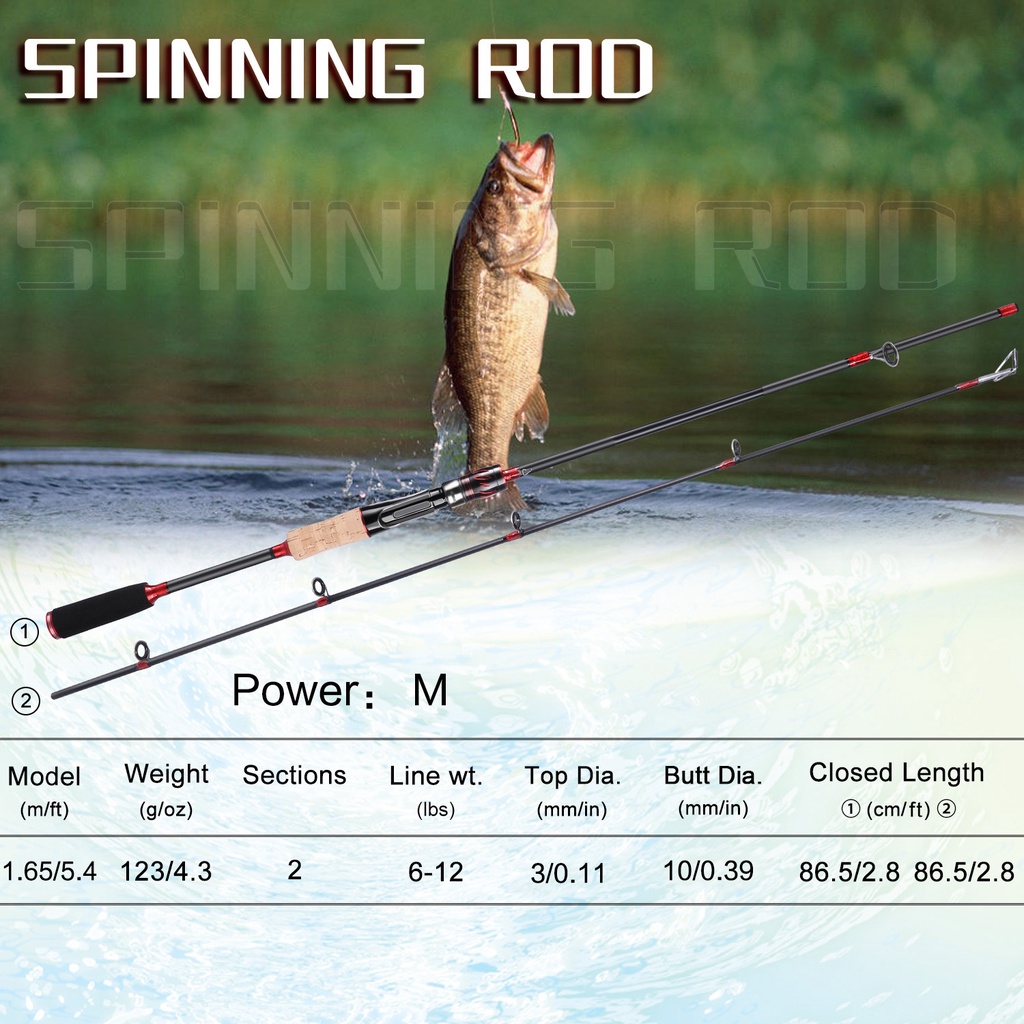 Serat Karbon Spinning Casting Spinning Rod M Power Light 2 Bagian 1.65 m Eva Menangani Baitcasting Fishing Rod 6-12LB untuk Air Asin Sungai Air Tawar Danau Memancing Ikan Mas