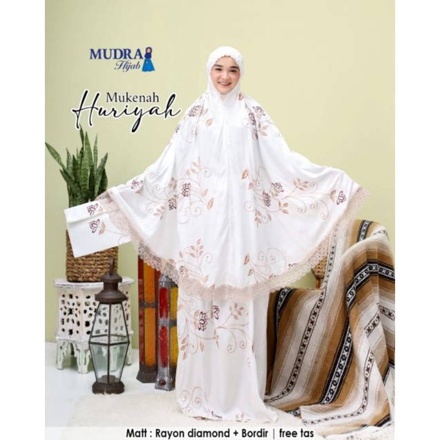 MUKENA HURIYAH, CANTIK DAN ANGGUN ORIGINAL MUDRA HIJAB, RAYON DIAMOND BORDIR BUNGA CANTIK, DINGIN LE