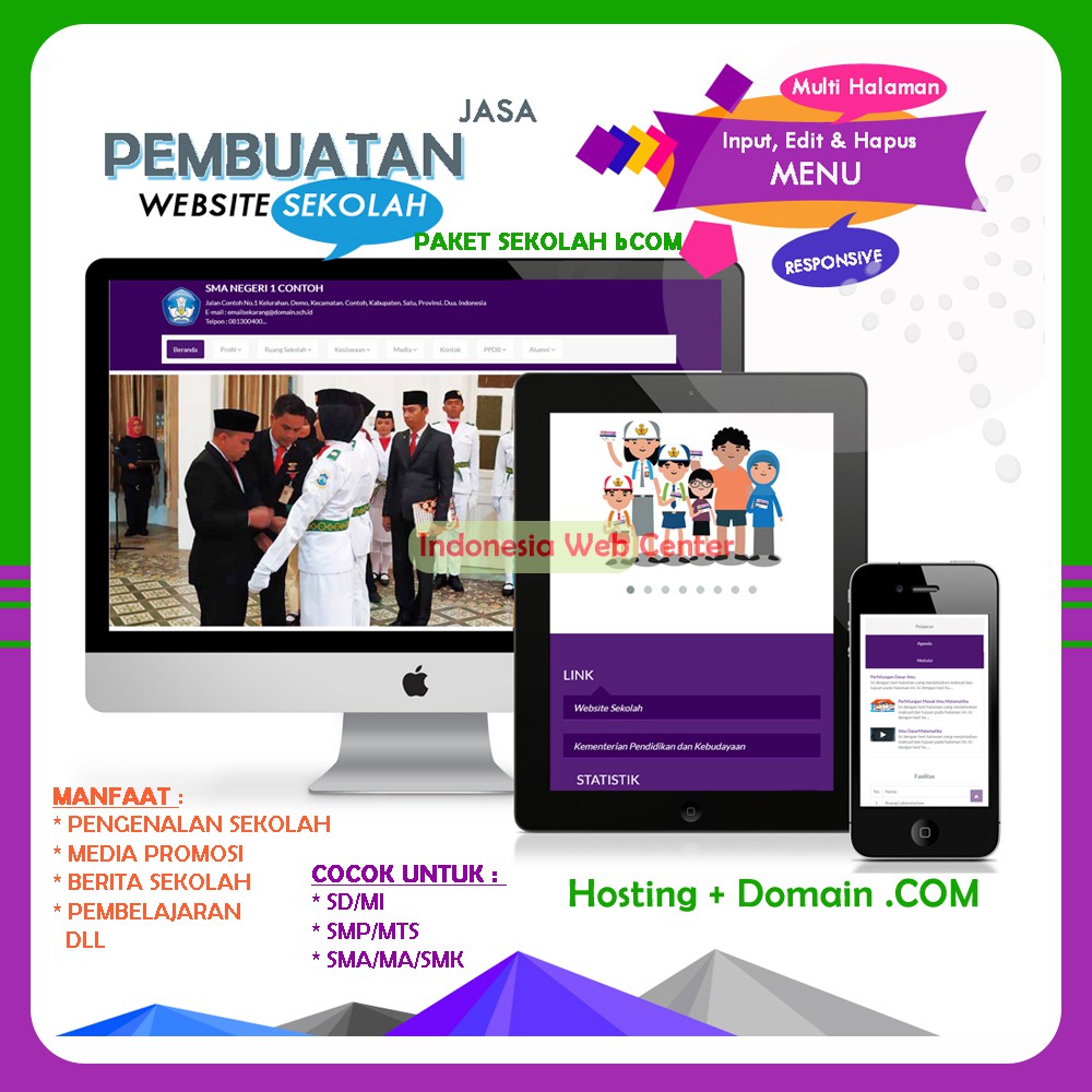 JasaPembuatan Website Sekolah Modern dan Responsive Free Domain COM  1 Tahun (Paket Sekolah bCOM)