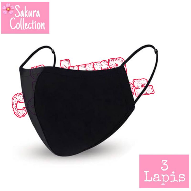 Masker Kain 3 Lapis/ply Hitam POLOS anak dewasa Kain 3 lapis/Scuba Earloop headloop earloop