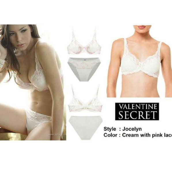 Stok Baru Bra set with panty Valentine Secret style Jocelyn color cream with pink lace KYS