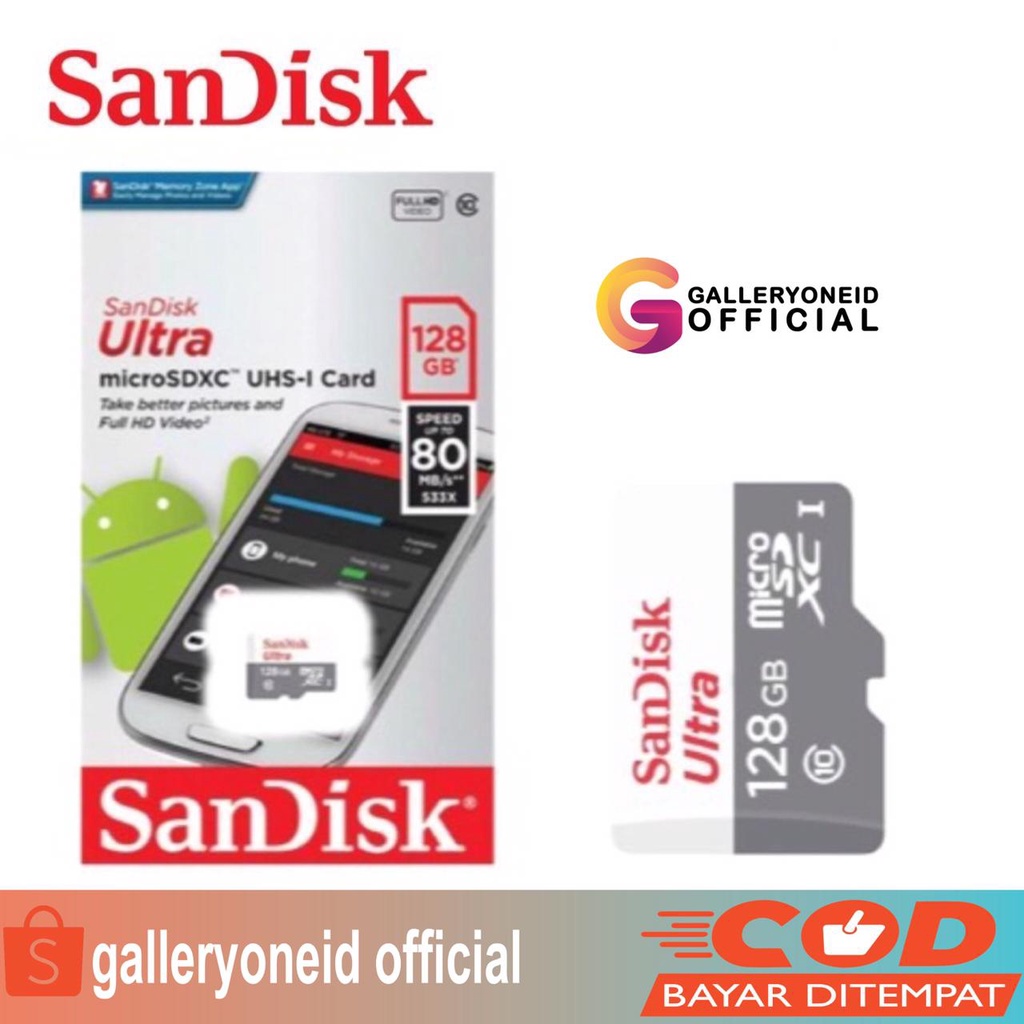 Sandisk Ultra Micro SD 16 32 64 128 GB Kartu Memory Class 10 Aksesoris Handphone Hp GALLERYONE gallery one