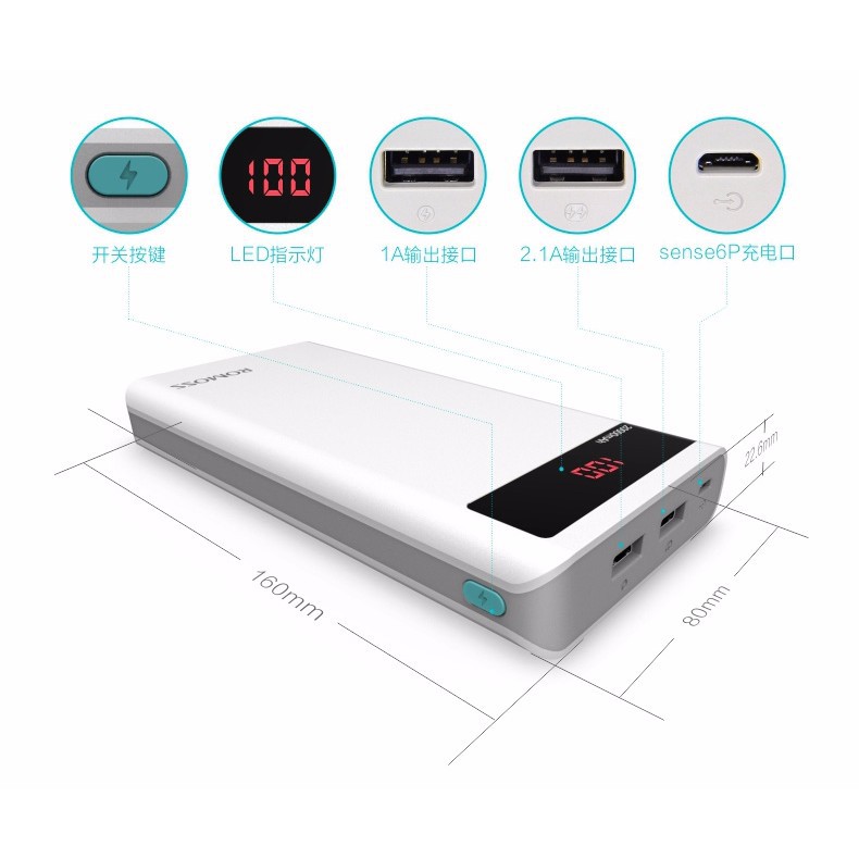 Romoss Sense 6P PowerBank 20000mAh dengan LCD Display 5V 2.1A