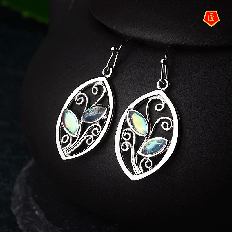 [Ready Stock]Creative Leaf-Shaped S925 Silver Colorful Moonstone Earrings