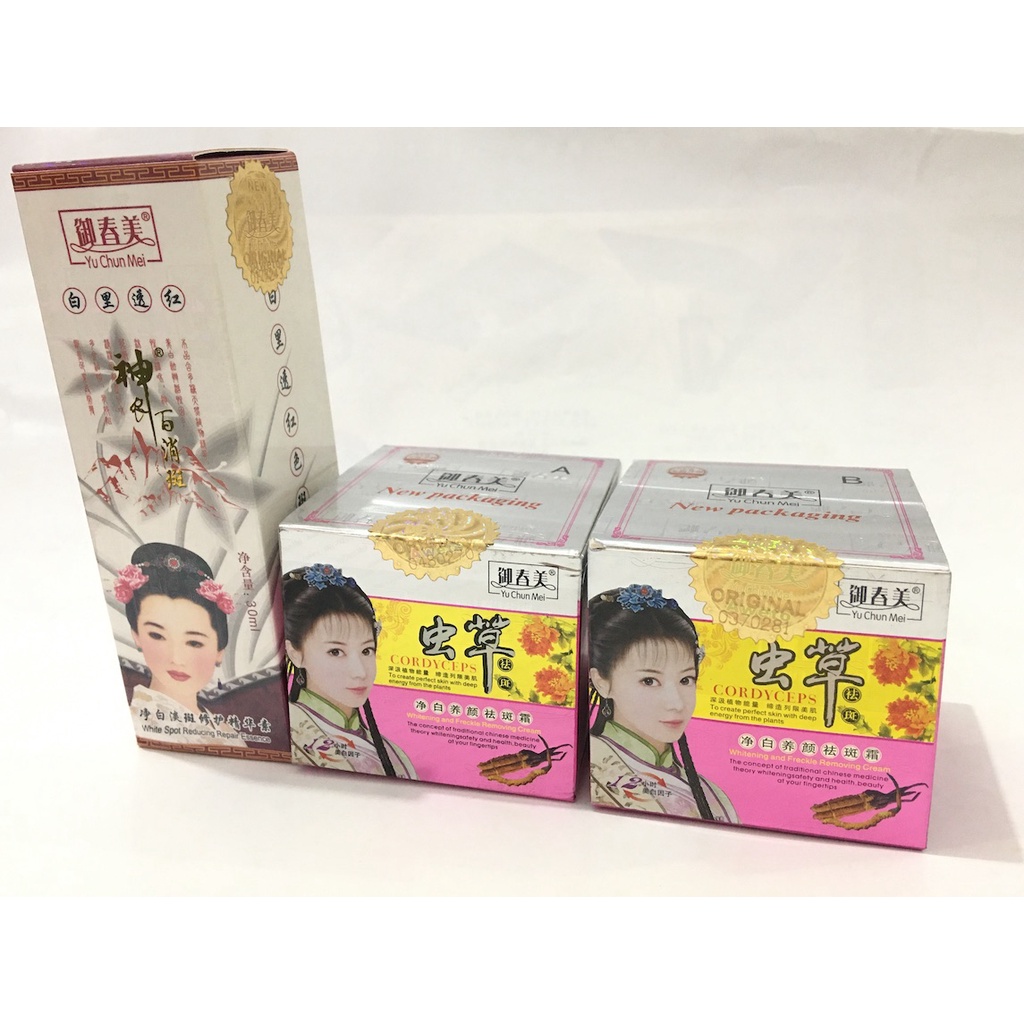 Paket Hemat 3 in 1 Cordyceps Day Night Cream &amp; Serum Essence Rumah Cantik 354 Yu Chun Mei Cordysep Herbal Cream Serum Wajah Yuchunmei Cordy Original Asli Import