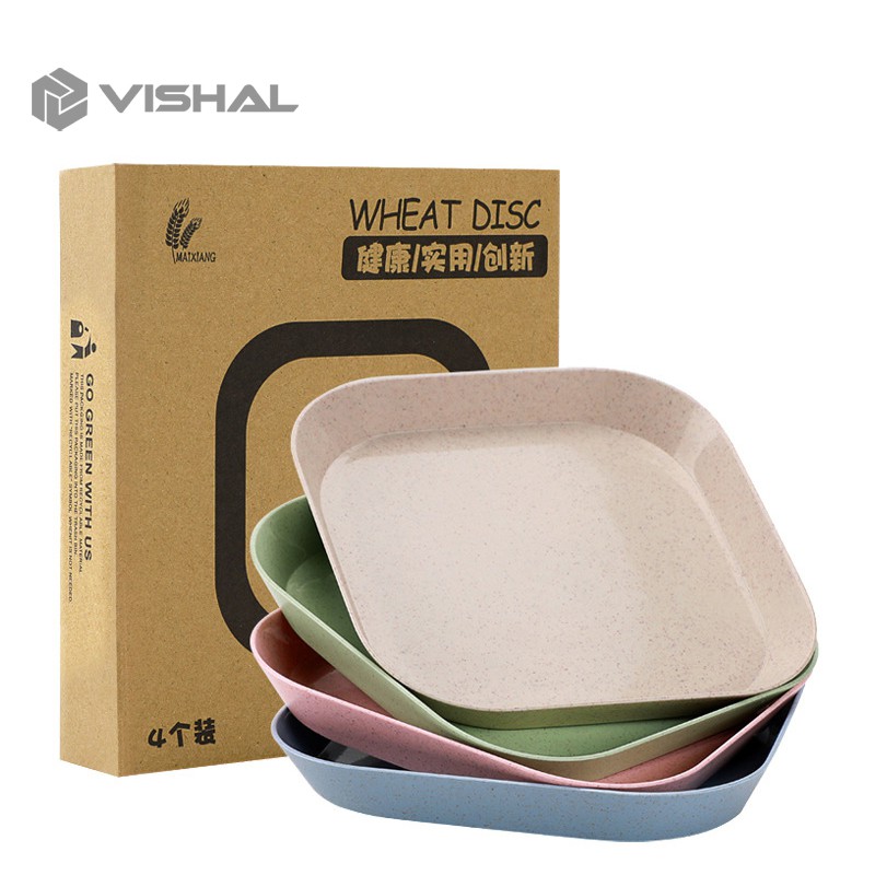 VISHAL Piring KECIL Makan Bentuk Kotak Wheat Straw Square Plate Warni Set 4 In 1 Square Plate Dinner