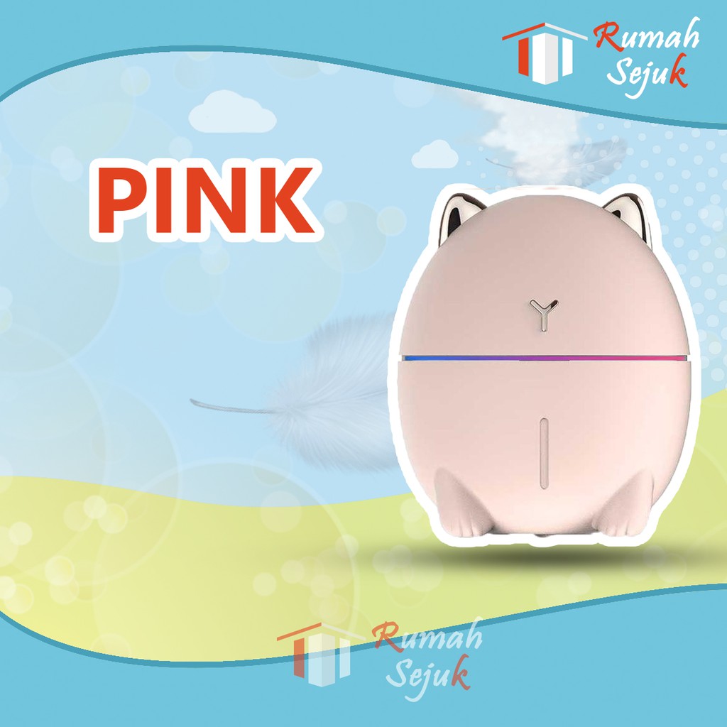 RS - Air Humidifier Diffuser Aromaterapi Alat Pengharum Ruangan Difuser Disfuser Unik Lucu Kucing RS-H32 Humdifier Purifier Difusser Defuser Humidifer Humadifier Humudifier Dispuser Humifider Portable Mobil Car Uap Hiasan Kamar Lampu LED Free Gratis Oil-Pink + 6 pc Oil