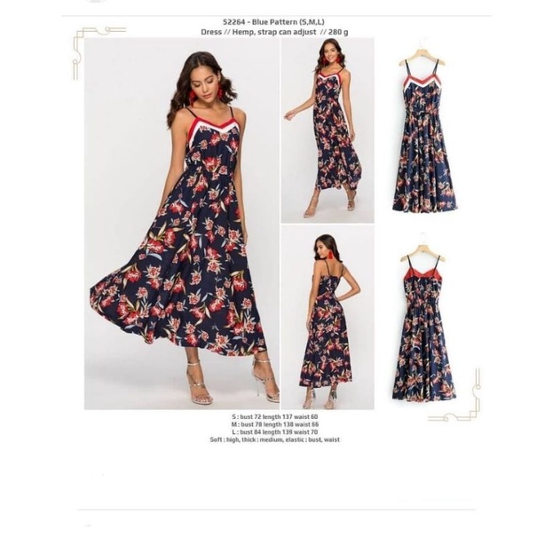 Dress panjang setali biru navy motif bunga tanpa lengan