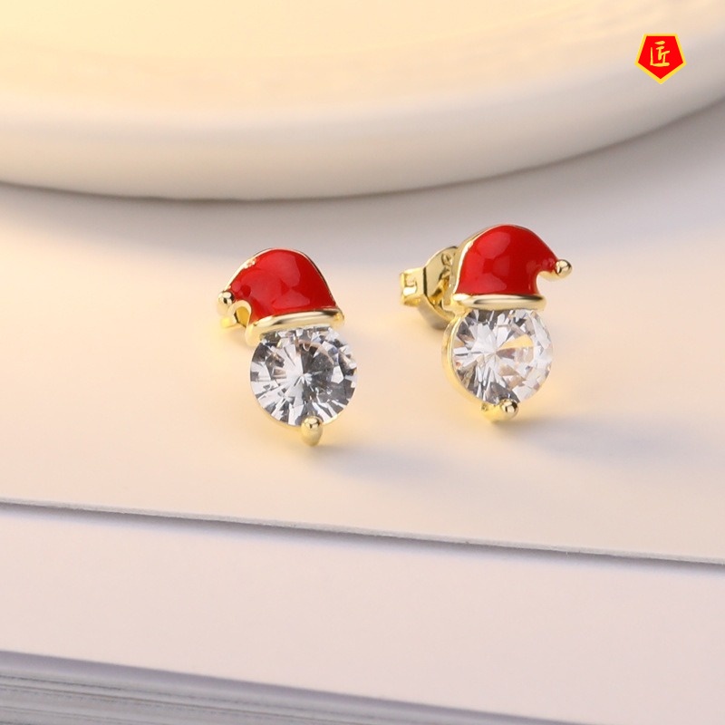 [Ready Stock]Inlaid Moissanite Santa Claus Hat Earrings Cute