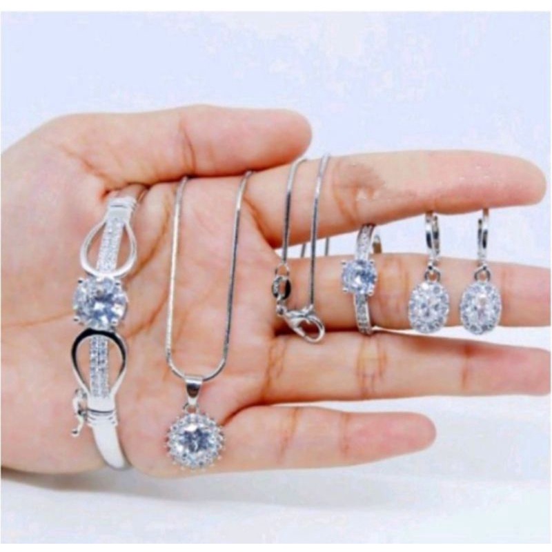 perhiasan wanita lengkap motif mata satu diamond permata lapis emas putih asli titanium