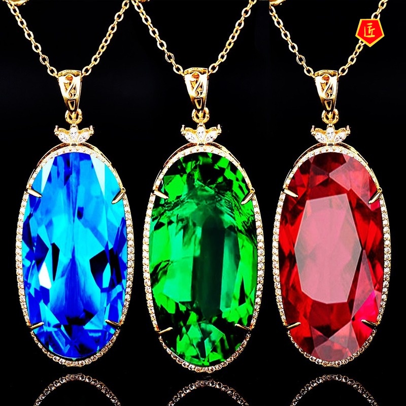 [Ready Stock]Luxury 18K Gold Emerald Pendant European and American Colored Gems Necklace