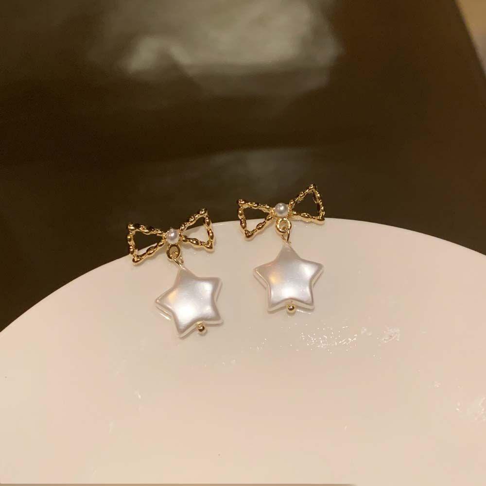 NEEDWAY Anting Tusuk Mutiara Minimalis Geometris Kartun Busur Paduan Anting Gaya Korea Pentagram