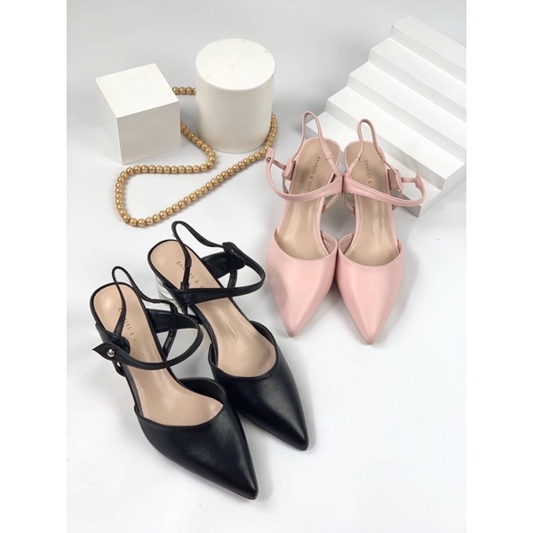 Sepatu Kulit Hak Kaca Transparan Tinggi Wanita CK Leather Transparent Glass Slingback High Heels 5,5