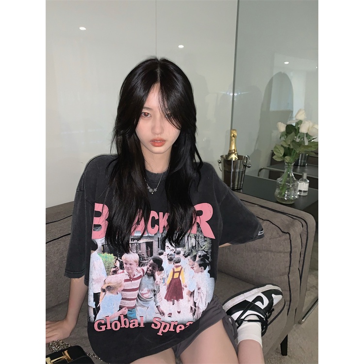 kaos atasan wanita/american vintage print kaos/korean style oversize letter printing t-shirt/kaos hitam