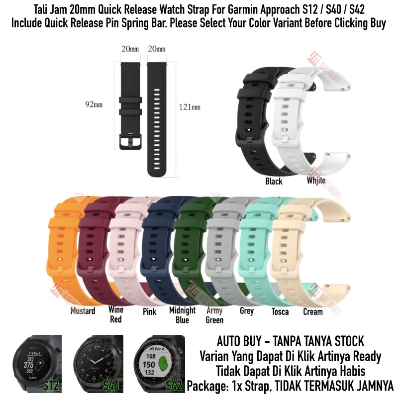 Tali Jam 20mm Watch Strap Garmin Approach S12 S40 S42 - OYE Rubber Silikon Warna Warni