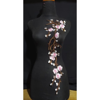 OlehOlehGarut09 Bordir Renda Tasik Bunga Sakura Putih-Pink Lace Patch Tempel Embroidery