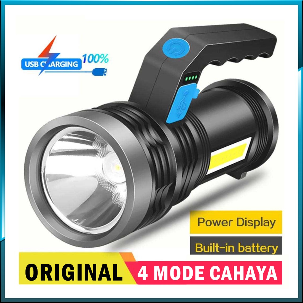 ORIGINAL Senter besar led super terang charger senter cob usb jarak jauh Mempunyai 4 setting cahaya
