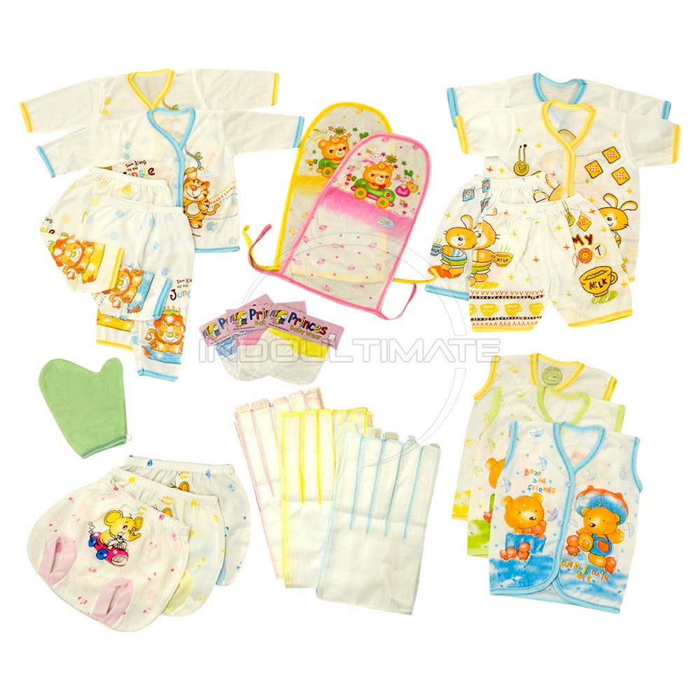 PAKET B 23 Pcs Set Perlengkapan Bayi Baru Lahir Newborn  Kebutuhan Bayi Newborn Perlengkapan Kado Kelahiran Bayi Laki-Laki Perempuan Bingkisan Kelahiran Bayi Anak Baju Bayi Celana Bayi Grito Bayi Popok Kain Bayi Washlap Sarung Tangan Bayi