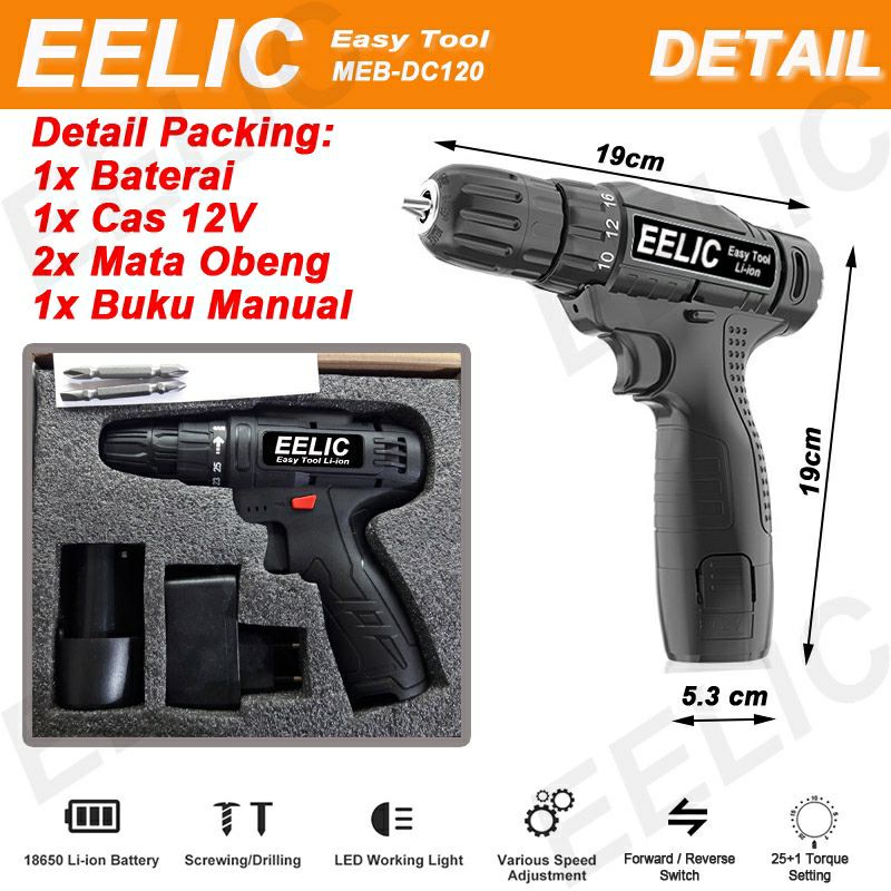 EELIC kunci pas bor dan obeng listrik multi fungsi baterai 12v charge cas cordless tanpa kabel