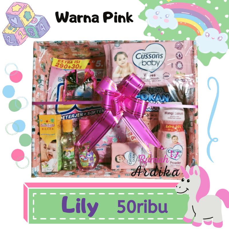 Kado bayi lahiran parcel bayi parsel bayi baby gift set ukuran 28x23x8 cm box isi8-Lily Pink