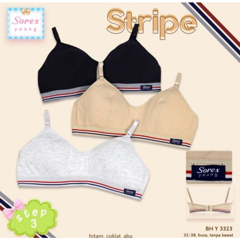 BH SOREX Y3323 ABG BH REMAJA ABG STEP 3 Y 3323,BAHAN KATUN,BUSA TIPIS,KAIT 2,SIZE 32-38 BRA REMAJA / BH ABG STEP 3 SOREX 3323 - Motif Stripe - Dengan Kait 2 - BH ANAK ABG - BH ANAK REMAJA SOREX - BH STEP 2 SOREX -Bra Sorex Remaja /Bh ABG Sorex Tanpa Busa