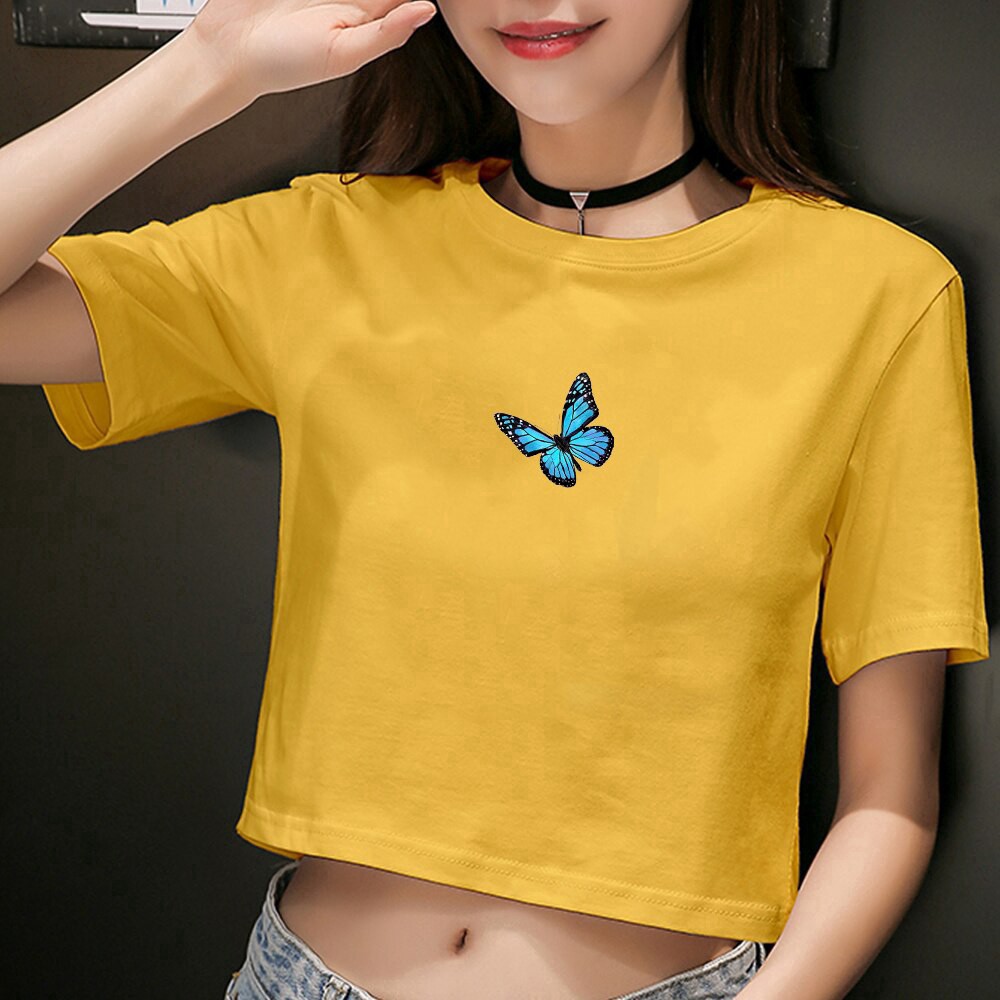 VS - Crop Top Retro Motif Kupu-Kupu Untuk Wanita  Atasan Wanita Butterfly Blue Crop Top