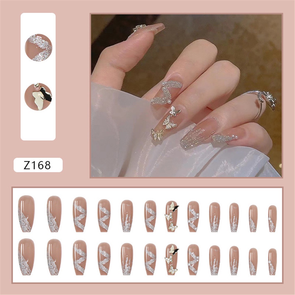 24pcs Kuku Palsu Motif Kupu-Kupu Aksen Berlian Imitasi Untuk Nail Art