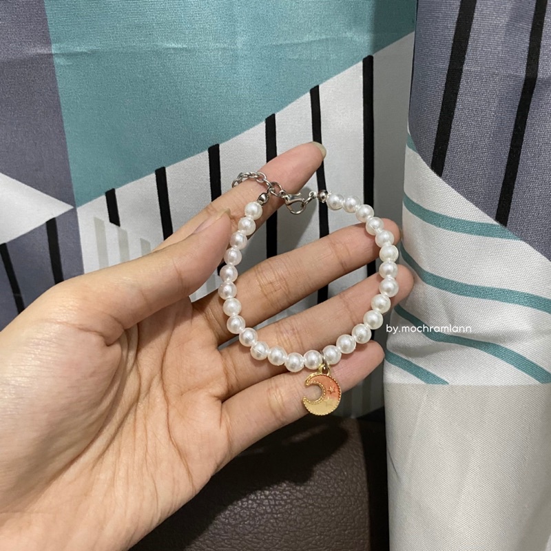 gelang mutiara liontin bulan pink / pearl bracelet / gelang mutiara vintage