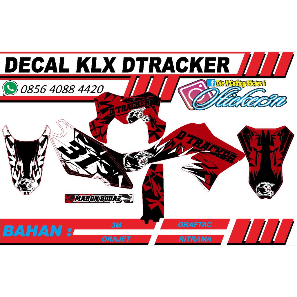 Decal Full Bodi KLX Dtracker hitam merah, bisa rubah warna nomor dan nama