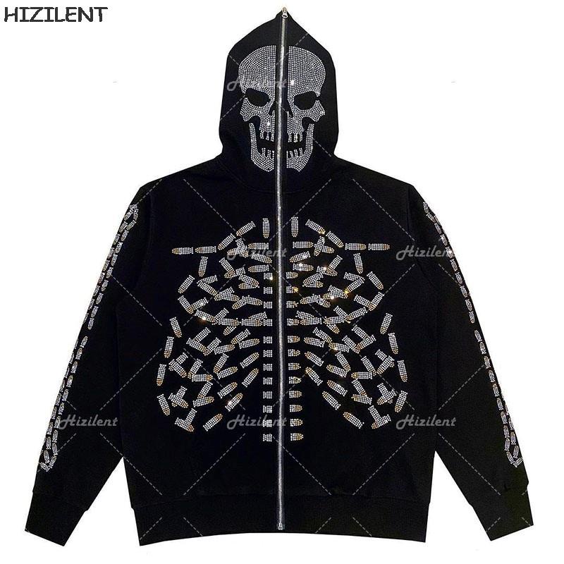 Y2K Rhinestone Skeleton Oversized Hoodies Goth clothing Sweatshirts Harajuku Zip Hooded Women Jacket