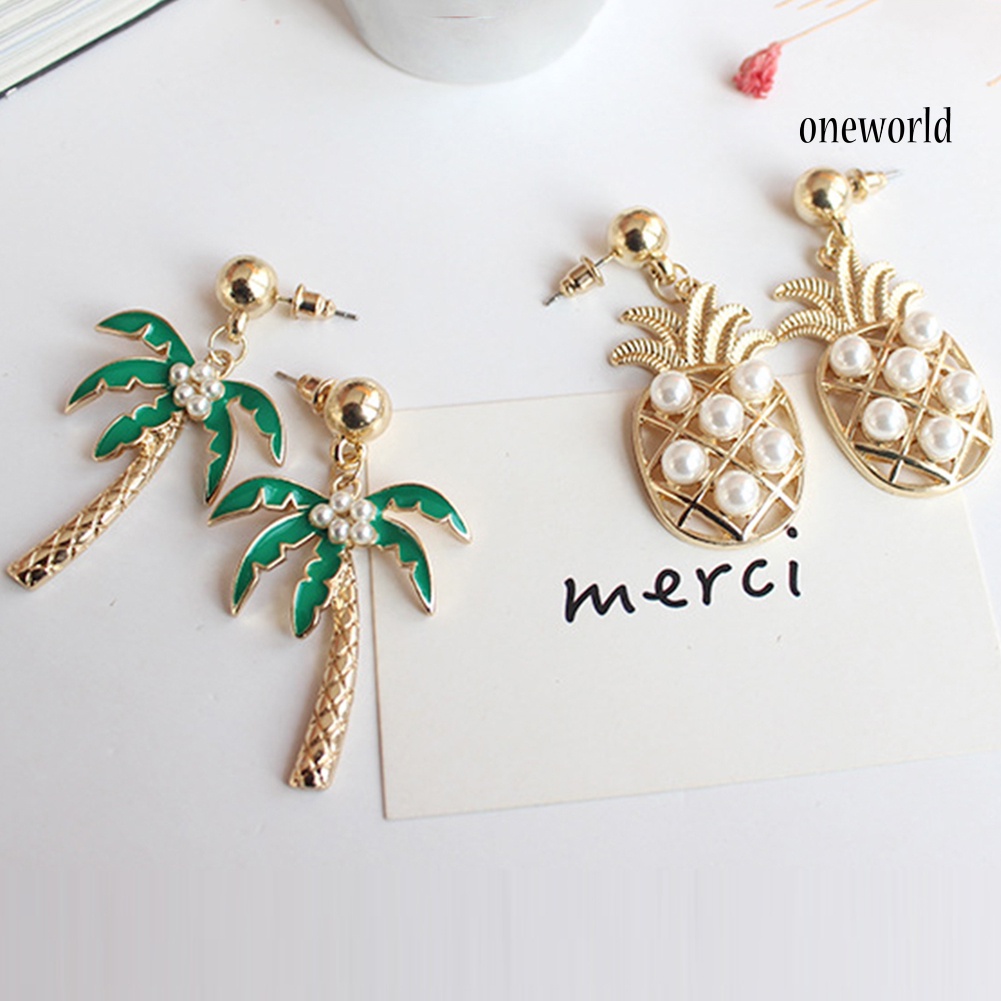 OW@ Cartoon Pineapple Coconut Tree Cactus Pendant Earrings Women Ear Studs Jewelry