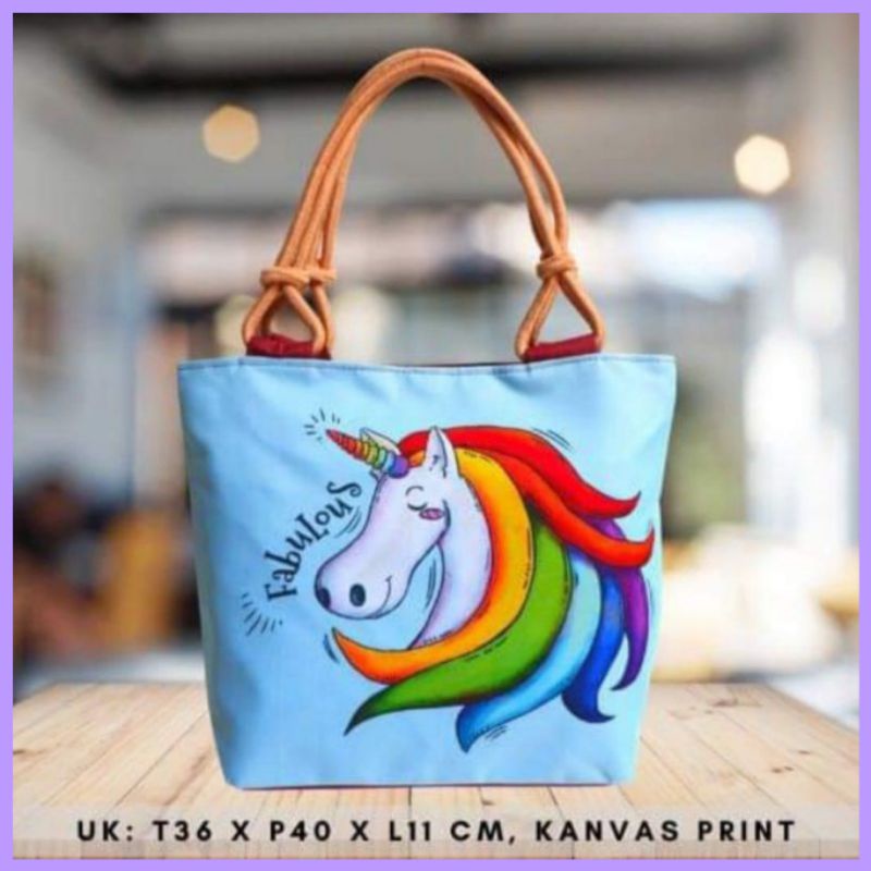 Tas Tote unicorn 3D tali sumbu tebal ada seleting nya Tote bag by zellshop