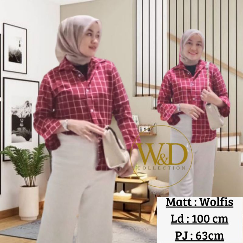 Kemeja Wanita Monalisa Atasan Blouse Casual Lengan Panjang Korea Kotak Square Cewek Wolfis