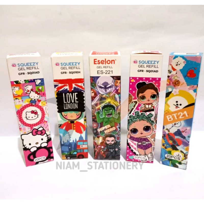 

Azka SATU PACK ( 20 PCS ) REFILL GEL PEN Isi Ulang Pulpen Gel Karakter Animasi