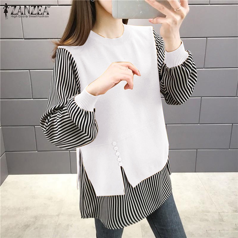 ZANZEA Women Loose Long Sleeve Crew Neck Stripe Patchwork Fashion Blouse