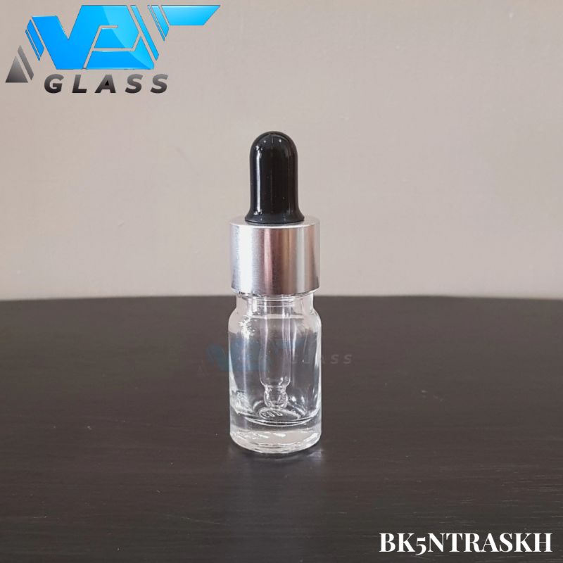 botol kaca pipet 5ml bening tebal - ring almunium silver