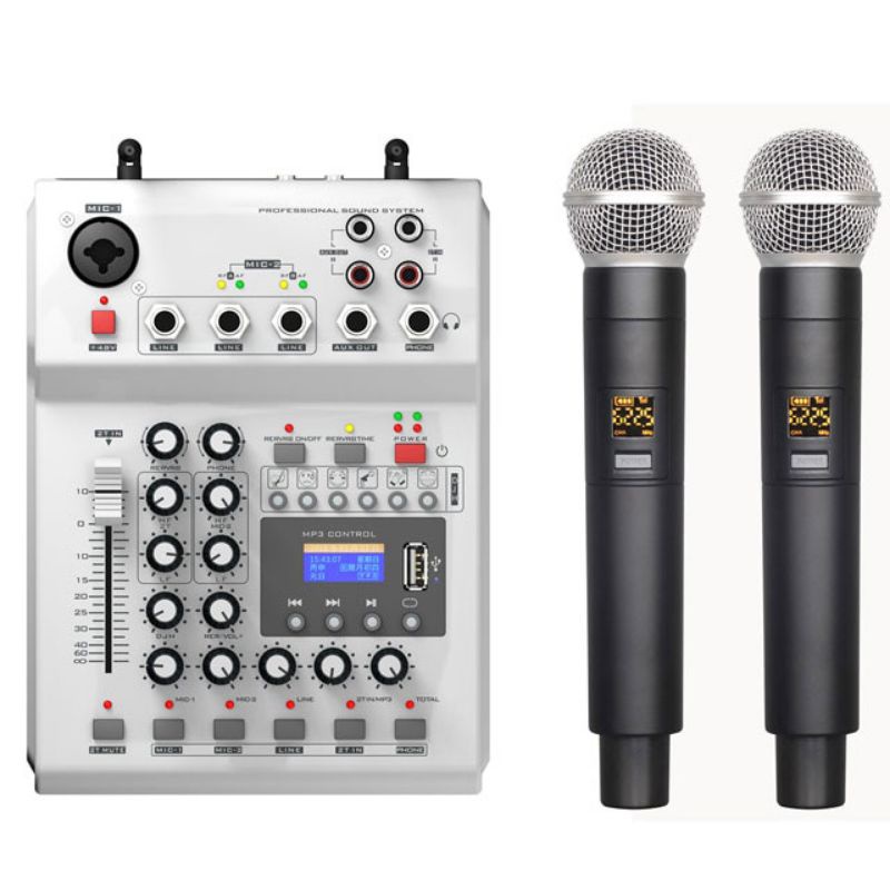 Professional Console Karaoke DJ KTV Mixer 48V Phantom Power with 2 Wireless Microphone - Silver