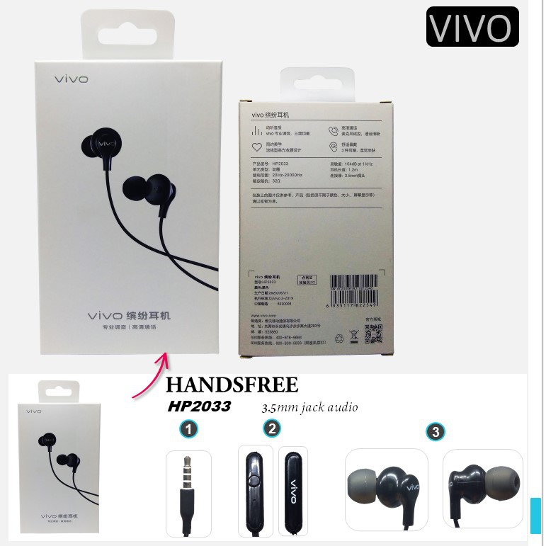 [RO ACC]  HP2033 HEADSET VIVO ORIGINAL JACK 3.5MM UNIVERSAL ALL TIPE HP