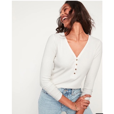 Old Navy Fitted Long Sleeve Rib Knit Henley Top For Women | Pakaian Lengan Panjang Wanita