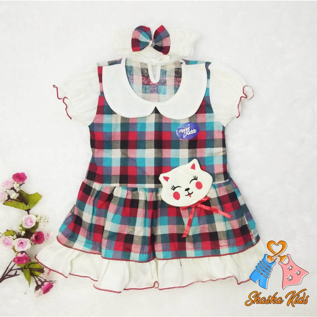 [S-042] Baju Bayi Perempuan/ Dress Bayi Perempuan Planet Kids Murah 0-6 bln bonus Bandana