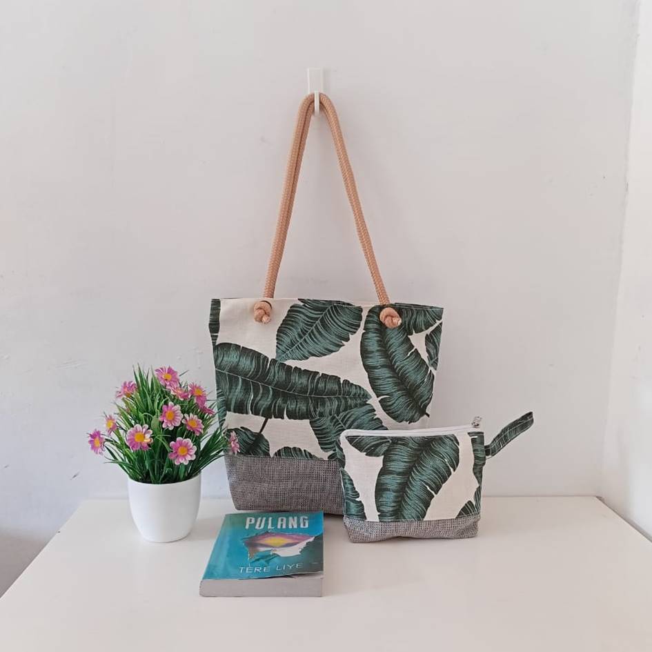 SET ISI 2 TAS KANVAS KOMBINASI GONI DAN POUCH KANVAS KOMBINASI GONI RIENS COLLECTIONS MOTIF LENGKAP