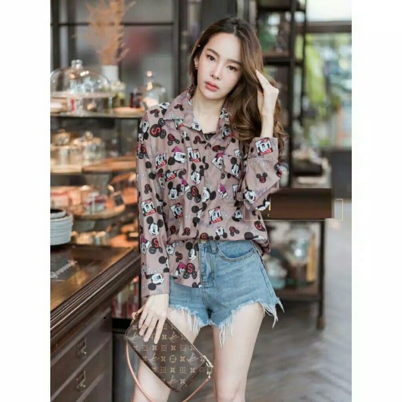 Kemeja wanita import Oline Mickey mouse/ Pakaian wanita baju atasan kemeja kerja motif cewek import