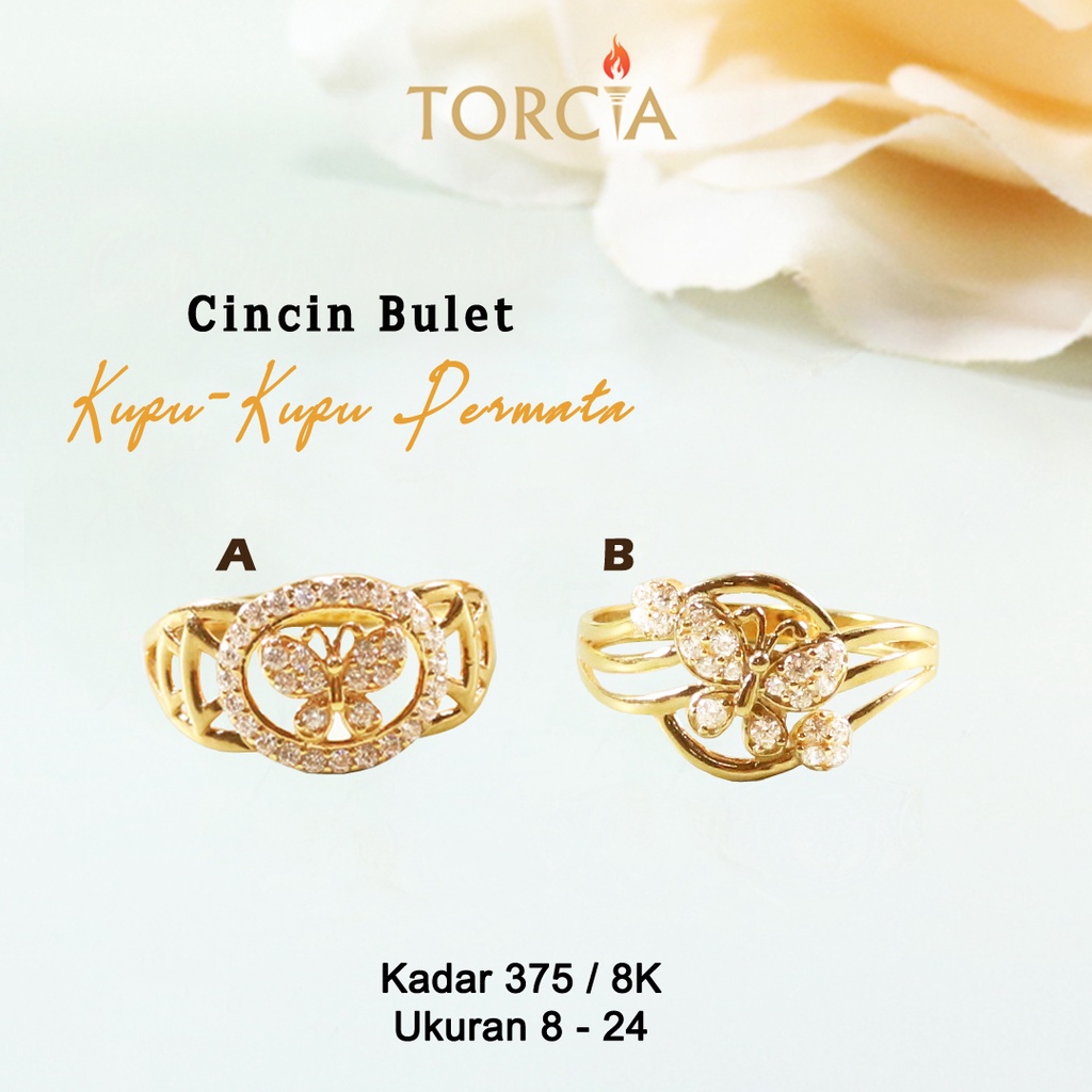 Cincin Emas Asli Bulat Kupu-Kupu Permata kadar 375 Torcia
