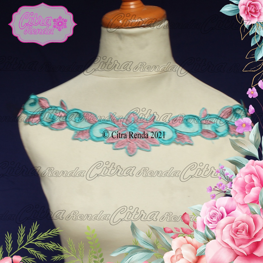 (Per Pcs) AP294 Aplikasi Leher / Kerah Bordir Tempel Dusty Pink-Tosca