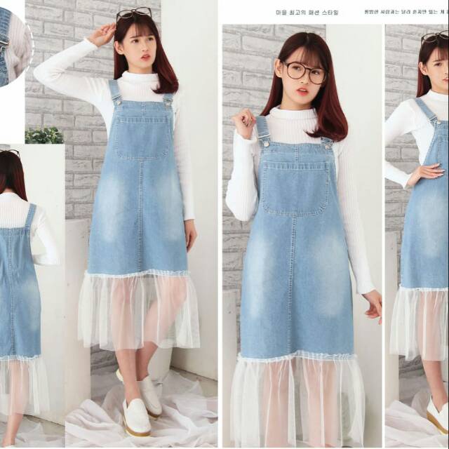 (NEW) DRESS JEANS WANITA MIDI OVERALL KOMBINASI TILE